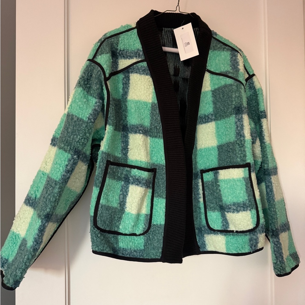 *Never Worn* Plaid Open-Front Jacket - Green and Black